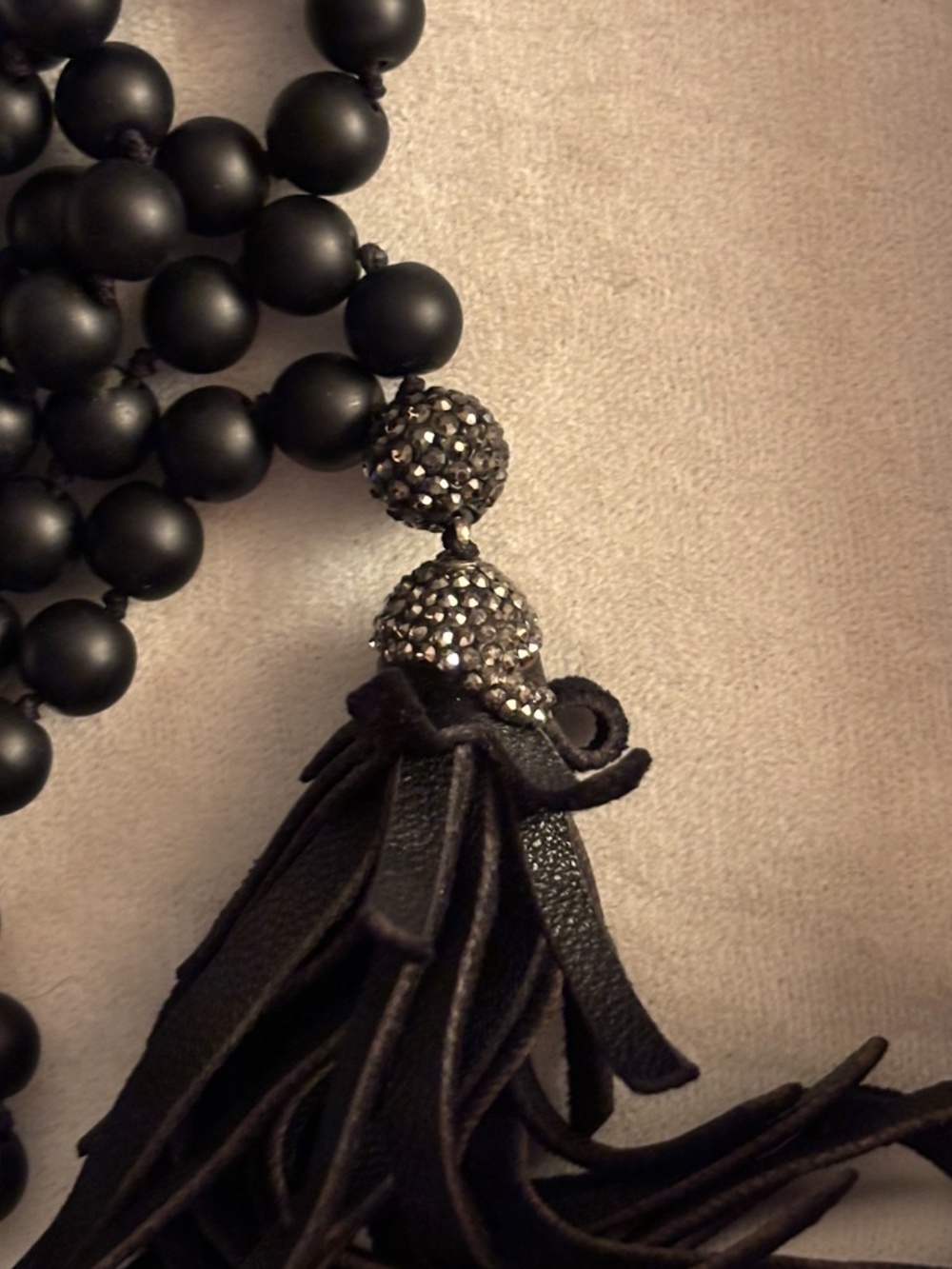 Black Matte Bead Leather Tassel Long Necklace Made in Turkey